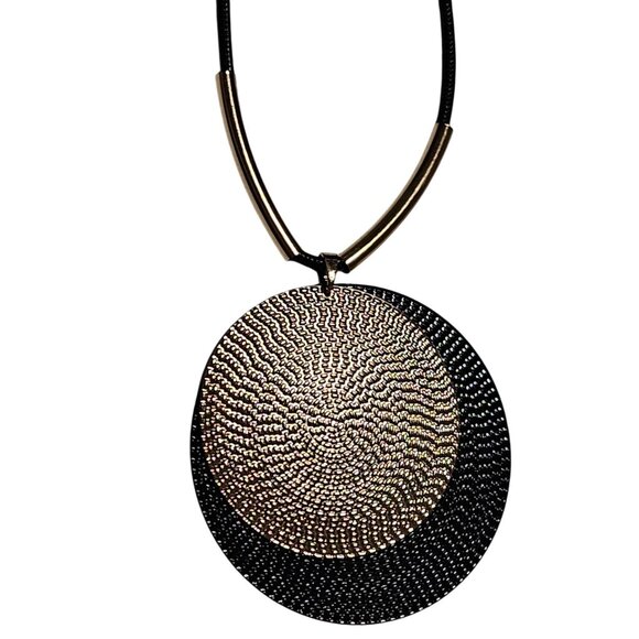 Bold Black Gold Textured Double Disc Pendant Necklace Statement Fashion Jewelry - Picture 2 of 6